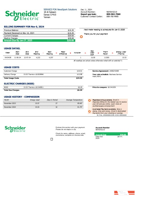 Yemen Schneider Electric business utility bill template in Word and PDF formats